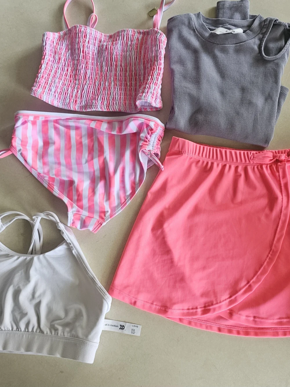 Girls Neon Pink Striped Tankini with Solid Neon Pink Swim Skirt